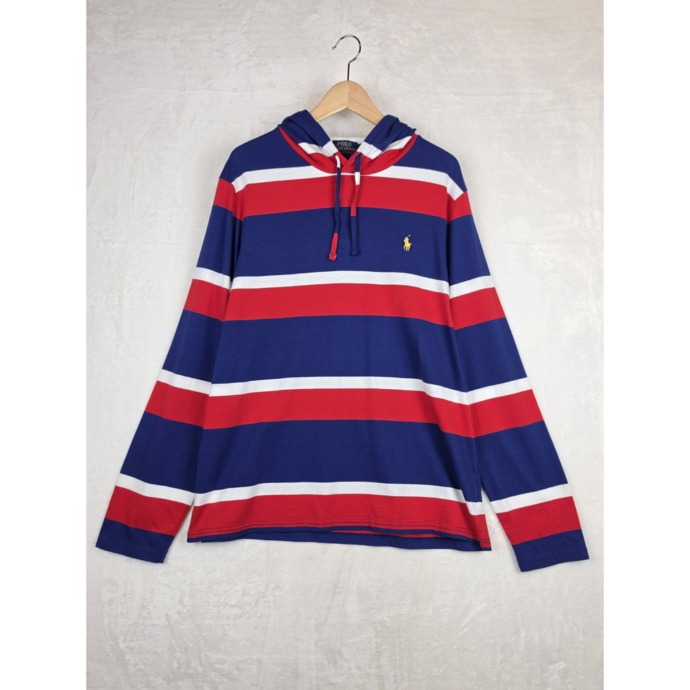 Polo Ralph Lauren Hooded Rugby Shirt Mens L Red White Blue Striped